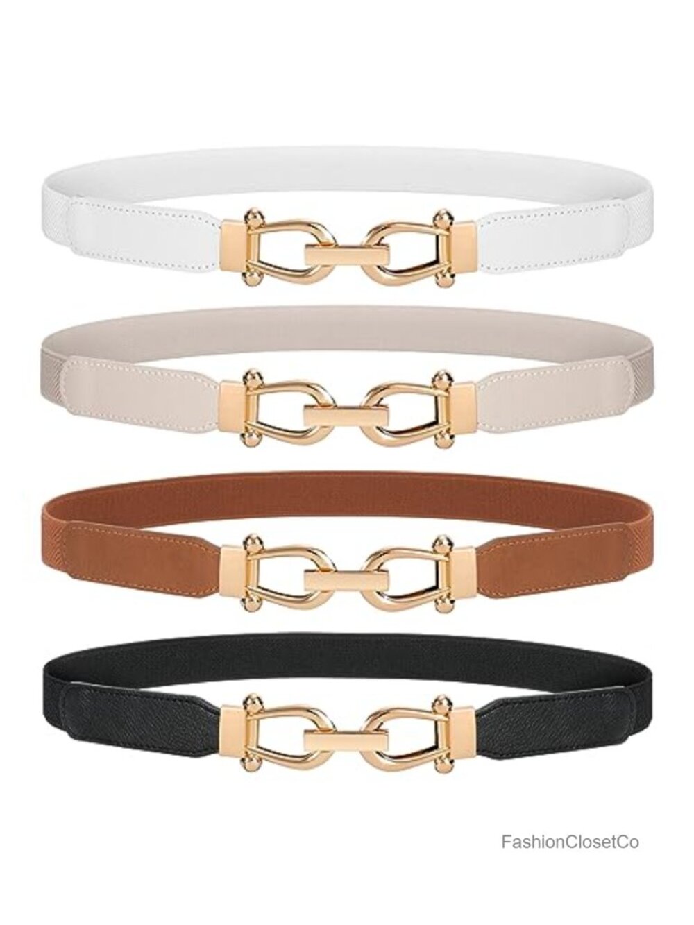 Women's Stretchy Skinny Belts Set of 4 with Gold Buckle